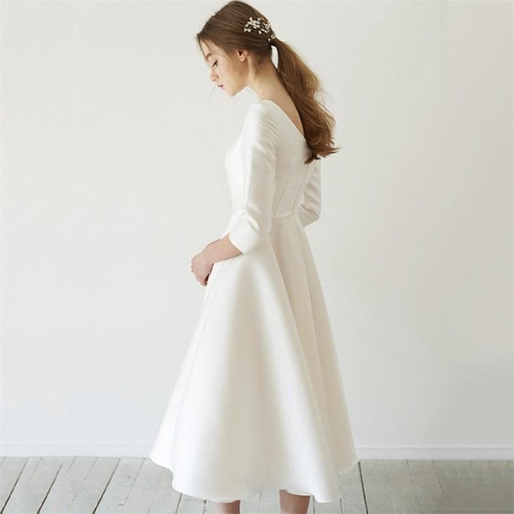 パーティードレス 袖あり 結婚式 ワンピース ドレス サテン aライン ミディアム丈 ミモレ丈 フォーマル 白 フレア 大きいサイズ コーデ お呼ばれ 二次会 発表会