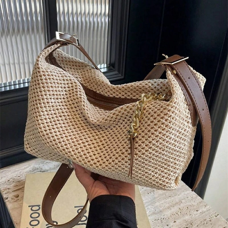 夏らしい 編み込み 麦わら バッグ シンプル ヴィンテージチェーン ジップショルダーバッグベージュ休暇必需品旅行休暇休日ビーチにも最適