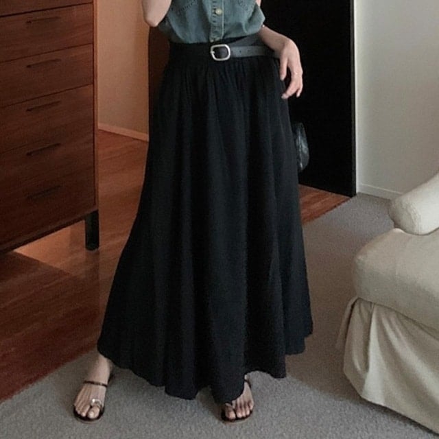 2024 春夏スカート ロング丈 Aライン ベルト付き ゆったり 細見え 夏 黒 ブラック カジュアル おしゃれ かわいい キュート 韓国ファッション レディース お出かけ安い