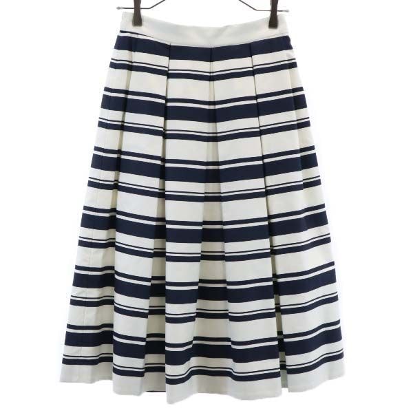 未使用 ボーダー柄 ロング丈 ボックス プリーツスカート 36 ホワイト×濃紺 レディース