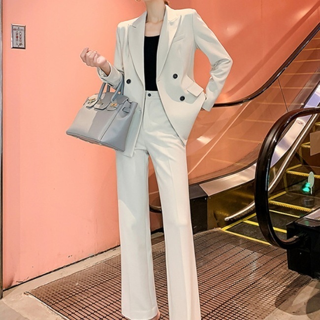 スーツ レディース 無地 ハイエンド スーツジャケット ダブルブレスト パンツ ファッショナブル 2ピース 2点セット 上下セット 膝下 スリム S M L XL 4サイズ ブラック オフホワイト 秋