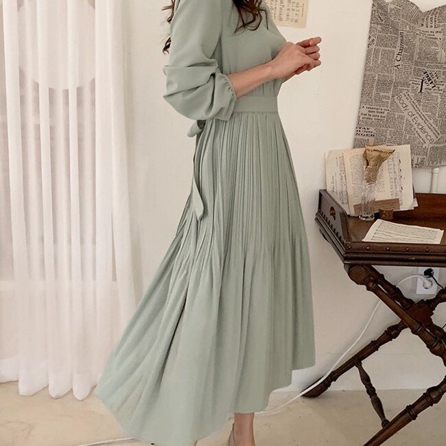 レトロ風 リボン セットアップ 長袖 春 秋 きれいめ かわいい フォーマル aライン マキシ Aライン フレア オールインワン プリーツスカート フレアスカート ロング ロング丈 9分丈 アンクル丈