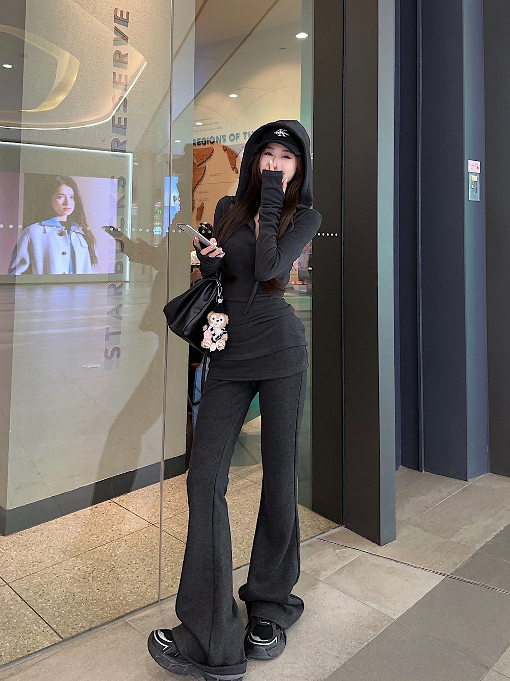 24 かわいい レディース 無地フード付き長袖トップスレトロ上下セットアップ黑白パーカーブルサイズ丈カジュアルスポーツファッション系通学学生袖お出かけアップシルエットトラック羽織り
