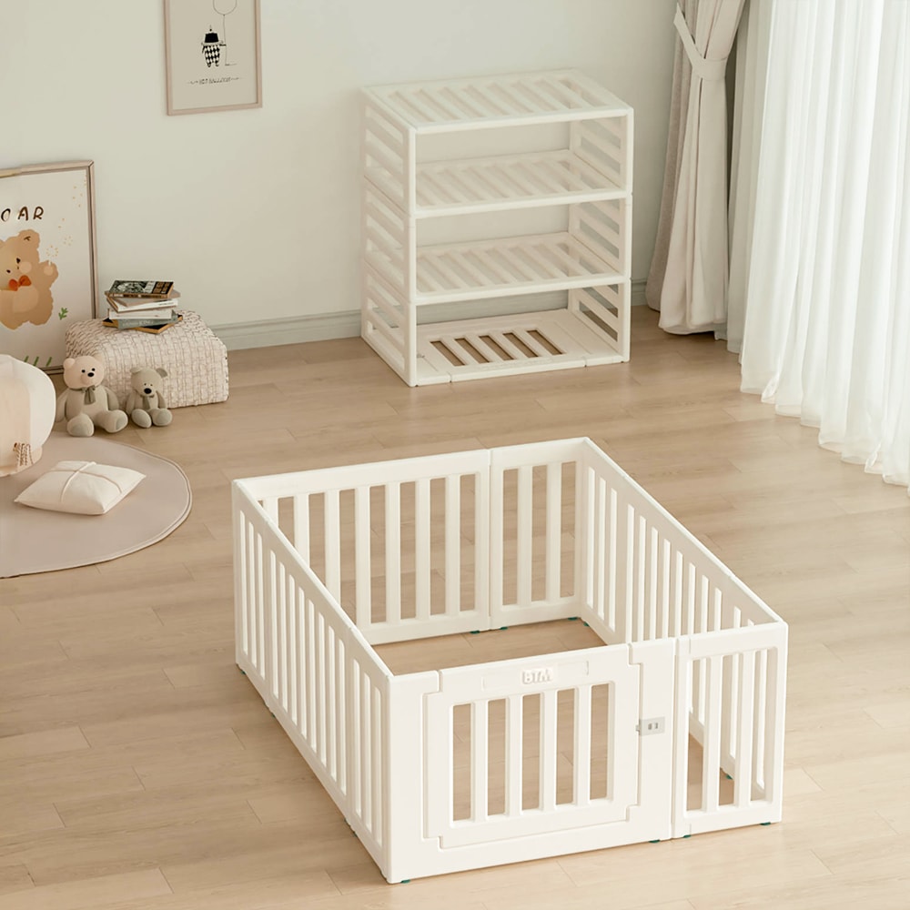 【国内出荷-送.料.無.料】ベビーサークル内径122*150cm収納棚へ変身可能扉付きベビーゲートベビーフェンスプレイヤード簡単組立柵外径変形可能キッズ【内径122*150cm】～10