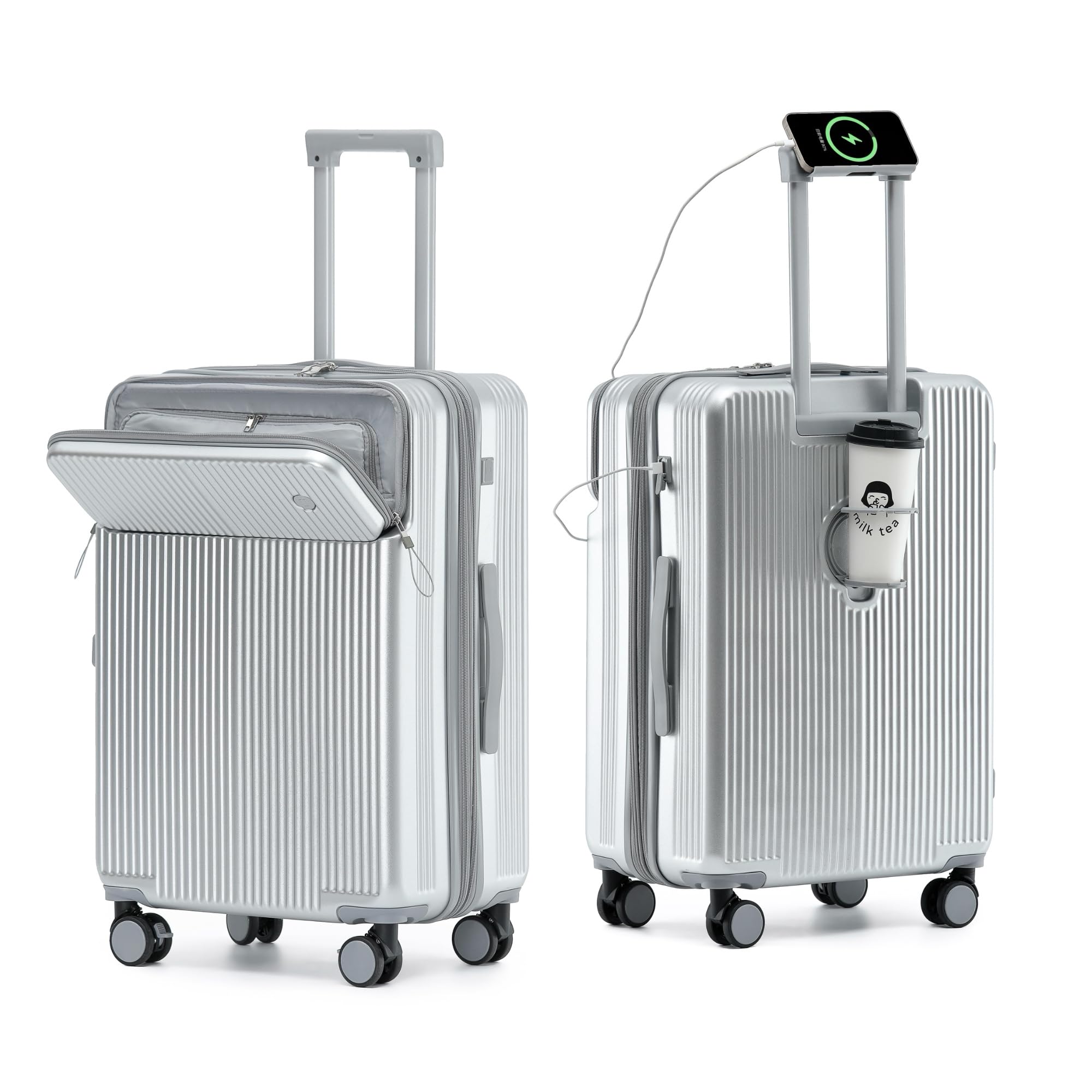 [Yuweijie] スーツケース 拡張型 フロントオープン ストッパー付き キャリーケース シルバー 多機能 軽量 大容量 機内持ち込み Mサイズ 4泊5日 トップポケットパソコンケース キャリーバ