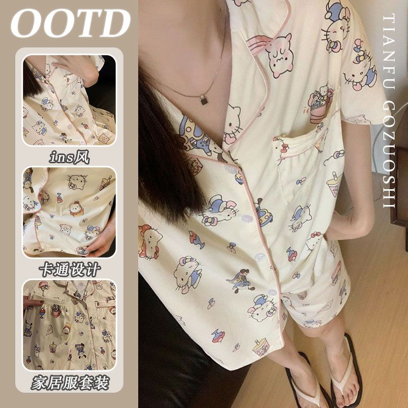 【極速出荷】パジャマ女性純綿美楽蒂漫画半袖かわいいホームウェア2点セット