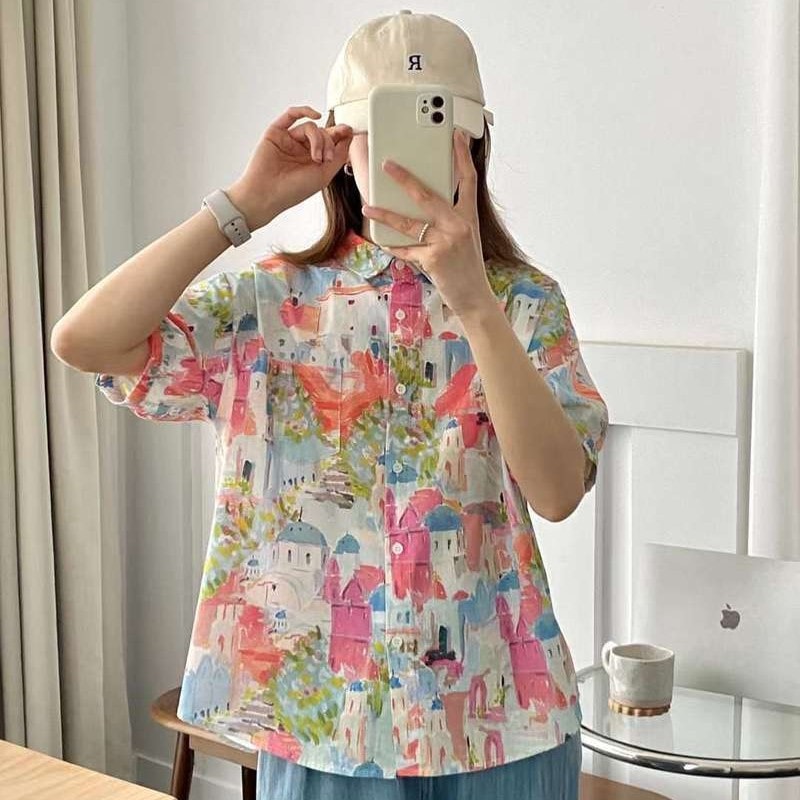 甘い 花柄 シャツ レディース 半袖 ゆったり 細見え シャツ キャンディカラー 春夏 トップス70843