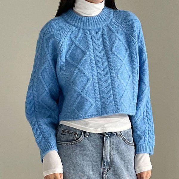Hスタイル(KN)アルパカケーブルラウンドニットティー 冬 女性 ニットティー アルパカ ラウンド セーター ベーシック Tシャツ