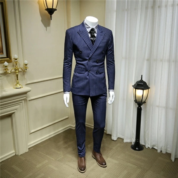 ツーピース セレモニースーツ 春 夏 ビジネススーツ ベスト 紳士服 フォーマル 長袖 ビジネス ジャケット オールシーズンフォーマル ダブルブレストメンズ セットアップ 縞柄 ストライプ 紺 ネイビ