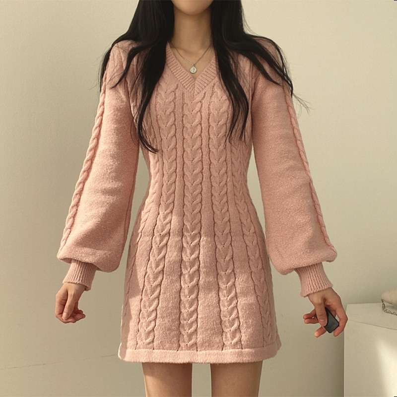 即納 最大半額 韓国ファッション 長袖 高い品質 ロング ドレス柔らか優雅Vネック重工麻花 パーティードレス ニットワンピース