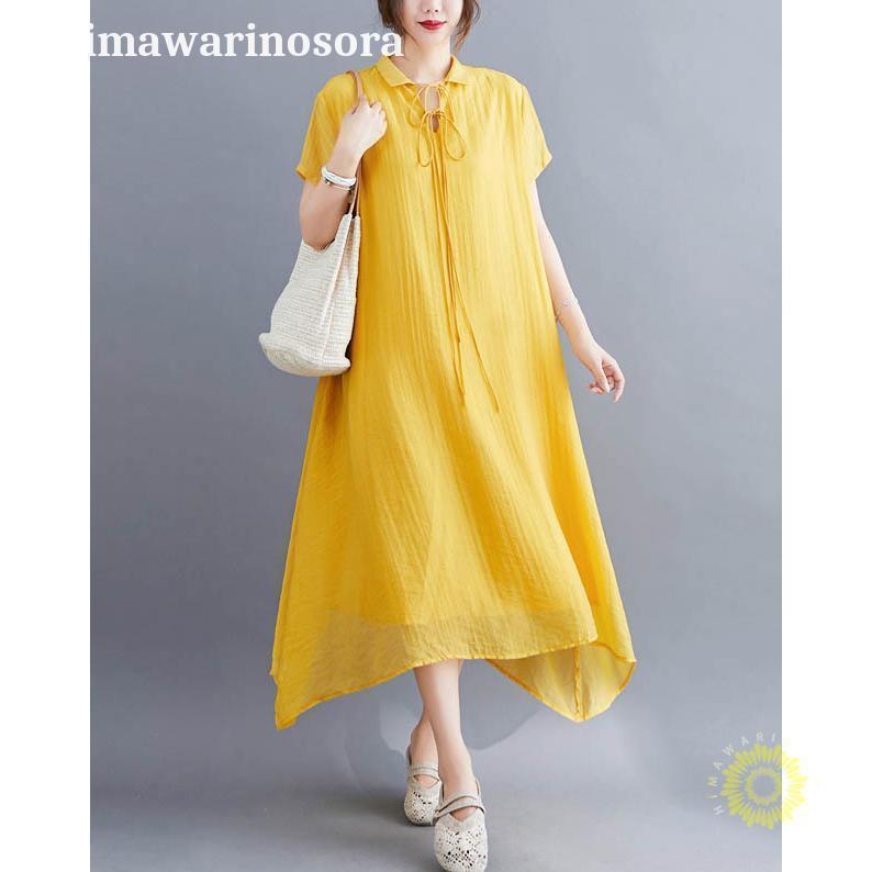 ワンピース ロング丈ワンピース シャツワンピース 夏 ロング ワンピース 無地 半袖 リボン