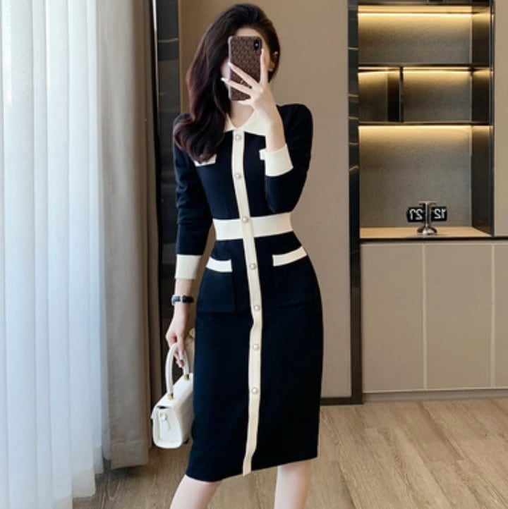 レディース ワンピース ニット フレア 膝丈 長袖 襟付き 角襟 フェミニン ウエストマーク ハイウエスト コンサバ ボタン バイカラー 配色 かわいい 大人可愛い きれいめ シンプル 上品 おしゃれ