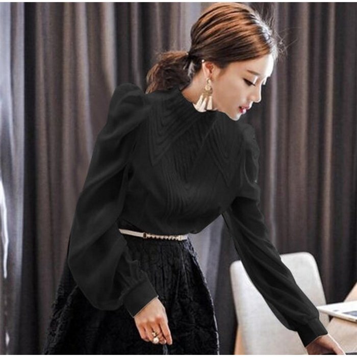 トップス シャツ ブラウス 袖あり 長袖 ボリューム袖 パフスリーブ ハイネック クルーネック シフォン 透け感 かわいい 大人可愛い きれいめ シンプル 大人 上品 おしゃれ お洒落 レトロ