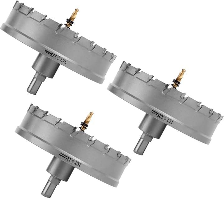 互換品現役電気工事士・大工推薦＆監修 超硬 ステンレス ホールソー 穴あけ 電動ドリル ホルソー ホールカッター (ゴールド, 3個， 125ｍｍ)