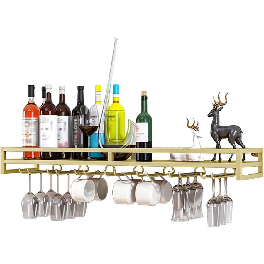 ガラスホルダー付きワイングラスマグカップホームキッチンの装飾ウォールシェルフラックオーガナイザーとストレージ用の金属脚付きグラスラック