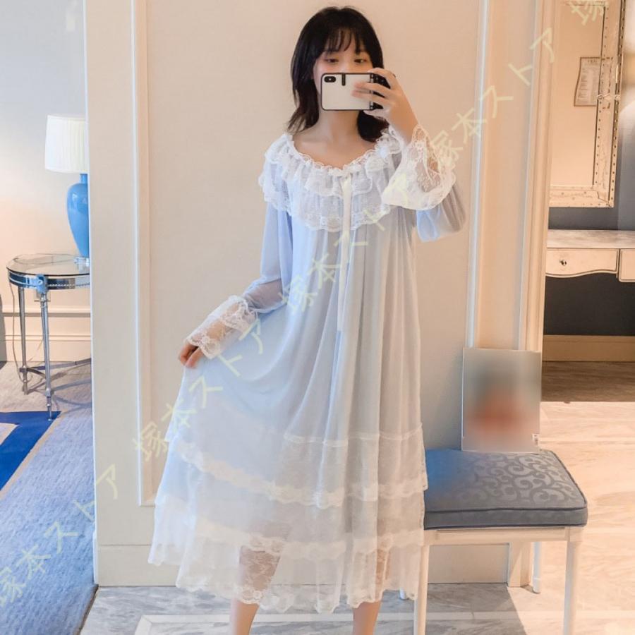 【値下げ！】今日限りで パジャマ レディース ルームウエアワンピース ネグリジェ パジャマ 春夏 長袖 レース ルームウエア 部屋着 姫系 綿 エレガント ネグリジェ 可愛い 3日以内に出荷