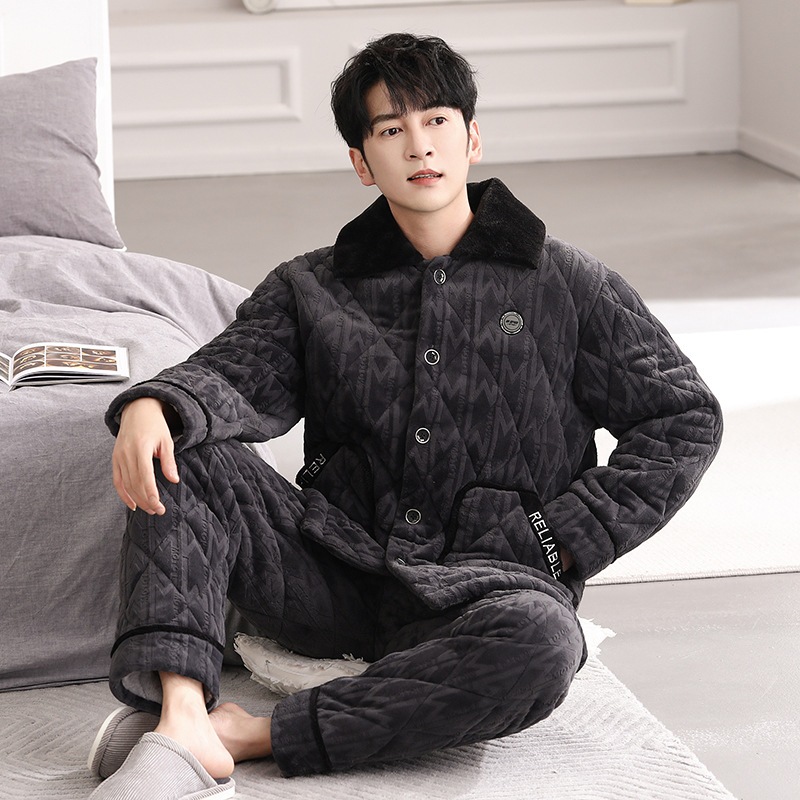 メンズ冬パジャマ3層厚手ベルベット暖かい冬コーラルフリースキルティングジャケットは外出先で着用できるホーム服スーツ