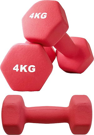 ダンベル 4kg　コーティング レッド 4キロ 持ちやすい 滑らない かわいい おしゃれ 転がらない 床に傷つかない 二の腕の引き締め ネオプレ