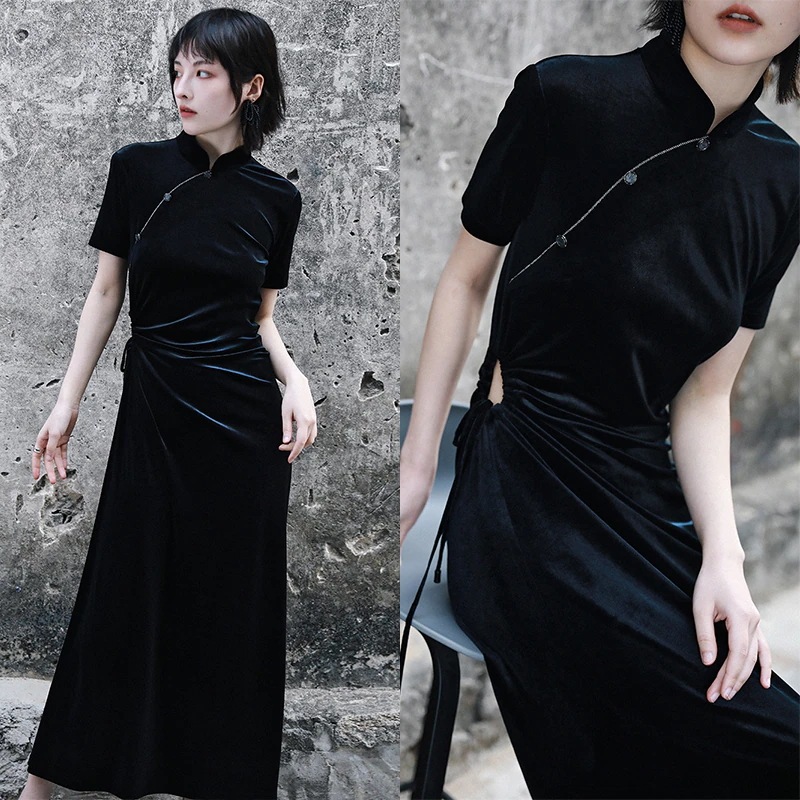 【快速出荷】チャイナドレス ロング 半袖 レトロチャイナ風ワンピース 黒 セクシー 金属ボタン 腰括れ