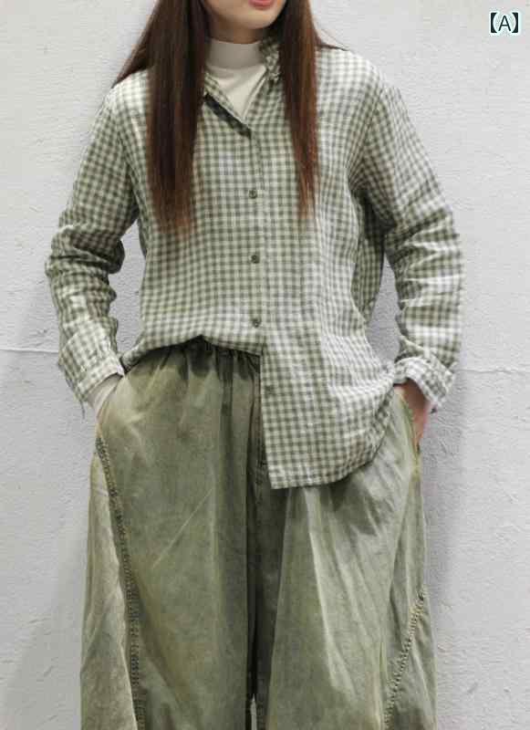 レディース　　Tシャツ　 年齢を 感じさせにくい 文学的な 森の 緑の チェック 柄の 長袖 リネンシャツ やや と スリムの レディーストップス