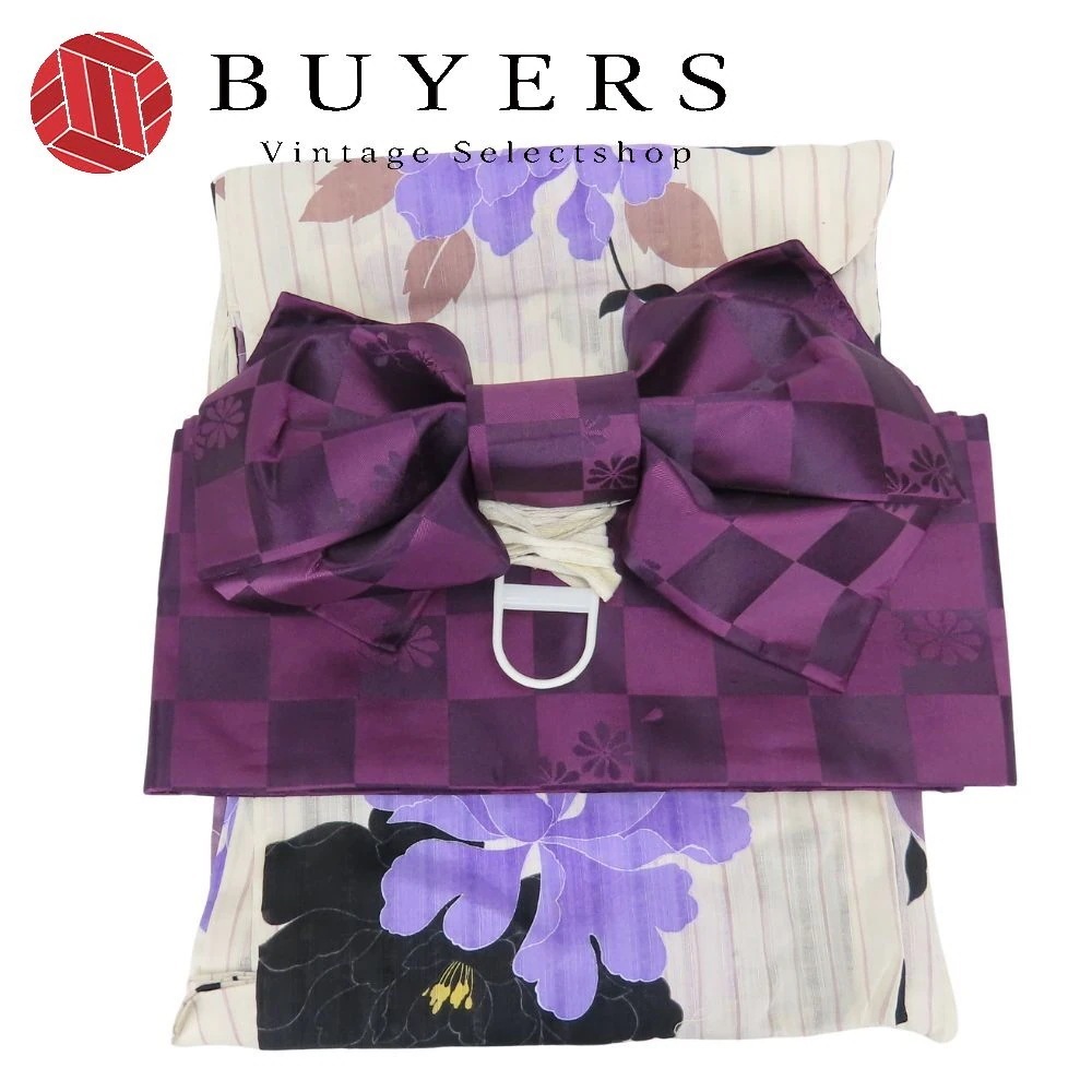 中古 浴衣 セット 作り帯 綿 ポリエステル ホワイト パープル 半巾帯 リボン 大人可愛い 和装 呉服 和服 きもの レディース 女性