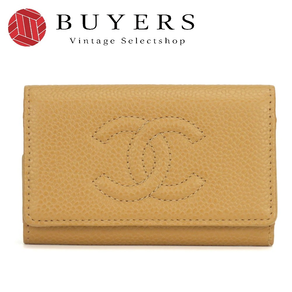 中古 キーケース 6連 キャビアスキン ベージュ ゴールド金具 8番台 ココマーク 小物 レディース 女性
