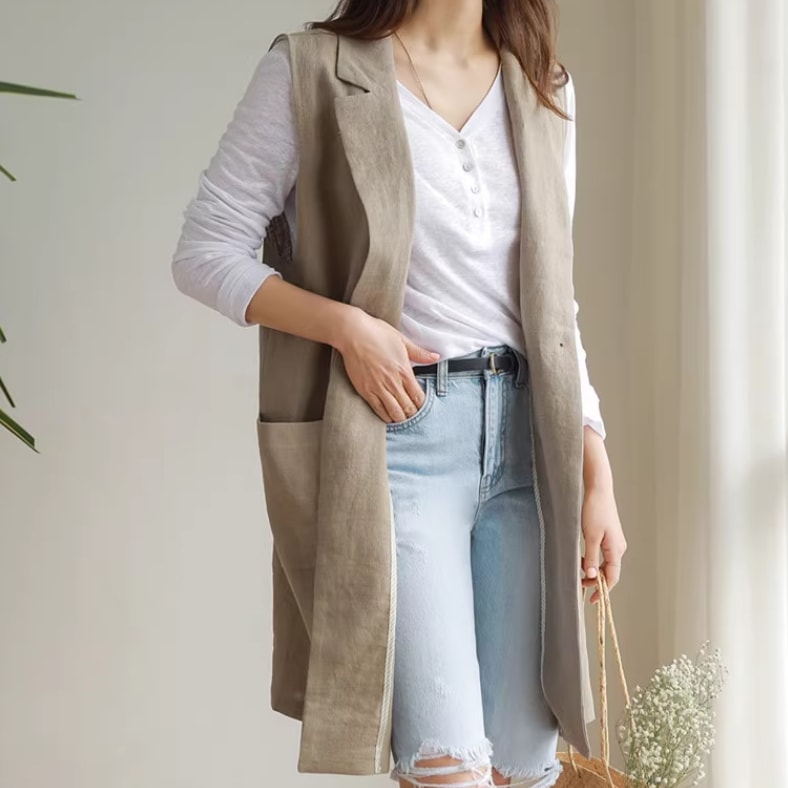 レディース ジャケット ベスト アウター 上着 羽織 前開き ミッドレングス 袖なし ノースリーブ 襟付き ワイド スリット サイドスリット ポケット 薄手 かわいい 大人可愛い きれいめ シンプル