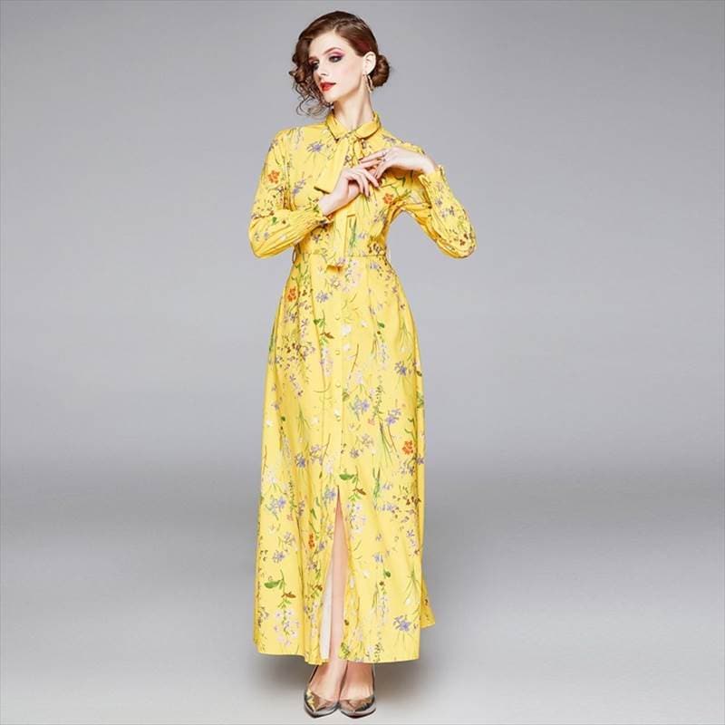 ワンピース ロング ドレス シャツ ワンピ 黄色 花柄 小花 個性的 大人かわいい お洒落 カジュアル パーティードレス 華やか 長袖 春 夏 秋 大きいサイズ 2XL レディース イエロー 結婚式