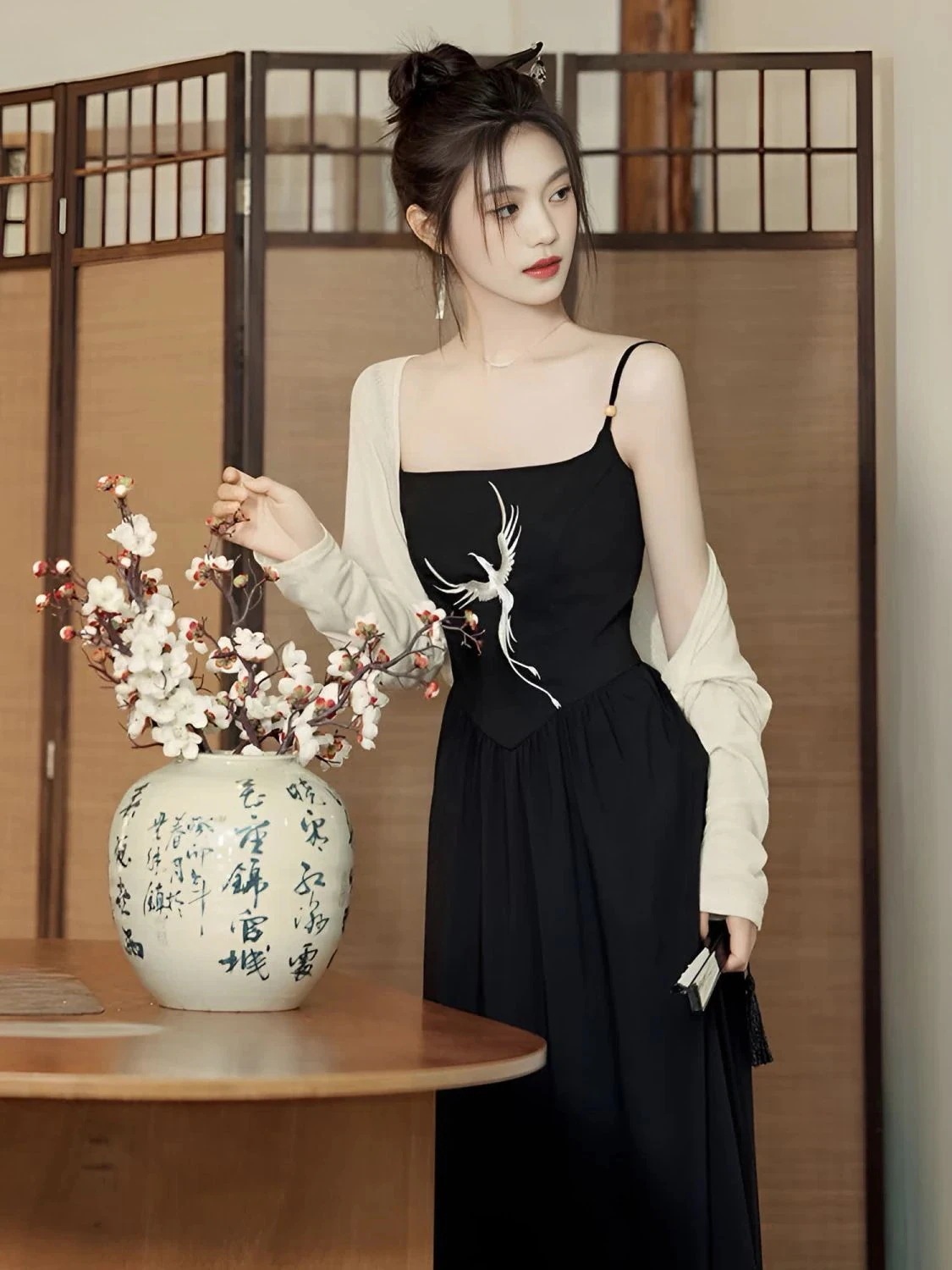 チャイナ風 刺繍 キャミワンピース エレガント 気質 レディース ロングドレス カーディガン 2点セット