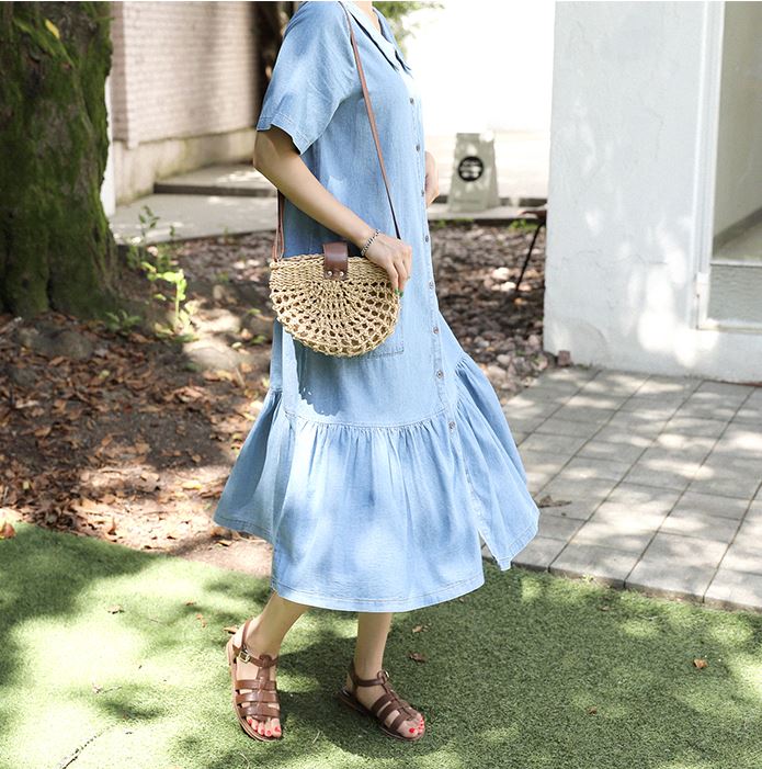 [韓国ファッション]ポケット付き フリル裾切替 ロングシャツワンピース