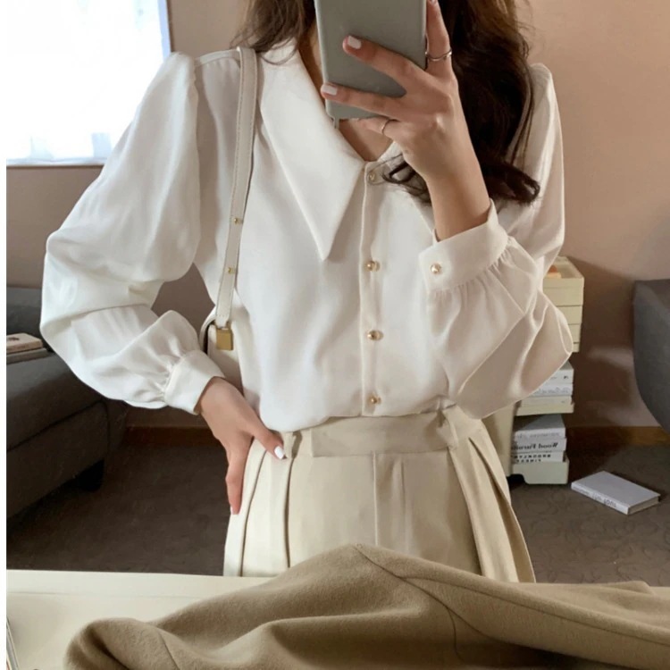 【1つ買うと10つ無料】2025春と秋の レトロシングルブレークシャープカラー長袖ベースシャツ