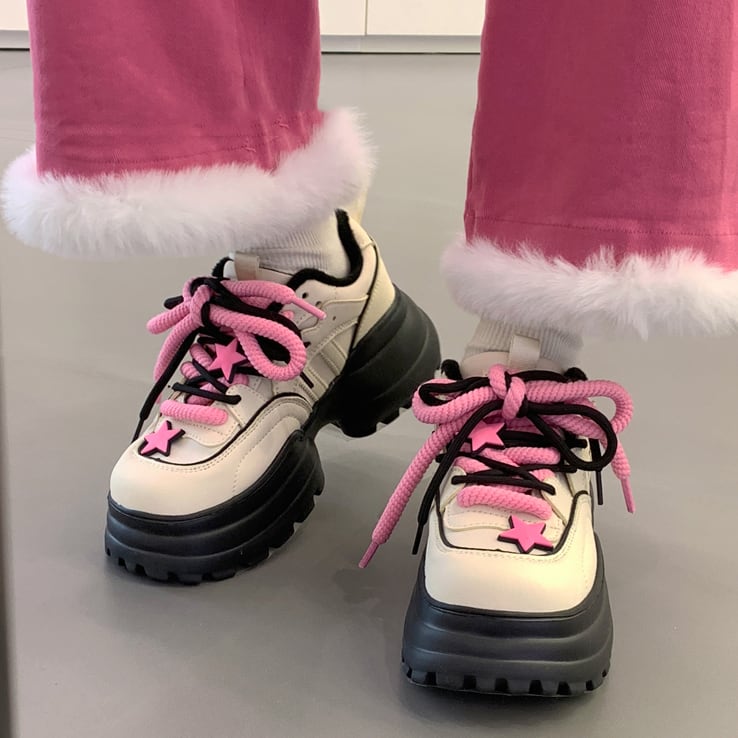 乙女心の厚底スニーカー スター 透過性 レディース 厚底ソール より高い カジュアル ニッチ 毎日 フラット トレーナー