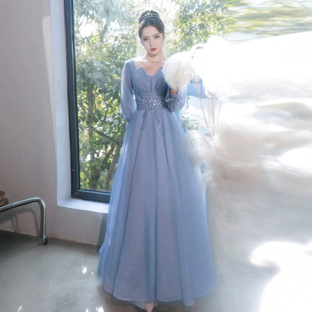 レディースブルーパーティードレス ハイエンド 長袖 バンケットホスト用 気質的