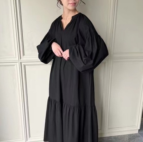 ティアードワンピース ロングワンピース ランタンスリーブ 黒 黄 グレー 韓国 レディース オルチャン ワンピース 袖あり 長袖 ボリューム袖 スタンドカラー かわいい 大人可愛い きれいめ