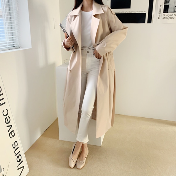 送料0円! 韓ファッション + ディープムード ルーズフィット ダブルボタン ロング トレンチコート(outer1179)