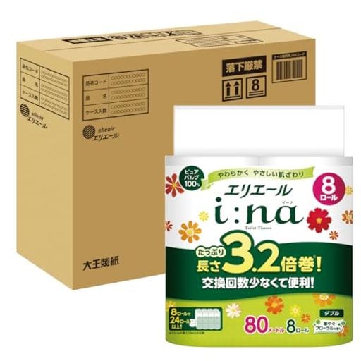 エリエール トイレットペーパー I:NA(イーナ) 3.2倍巻き 80M×32ロール (8ロール×4パック) ダブル パルプ100% 華やかなフローラルの香り 【ハーフケース】