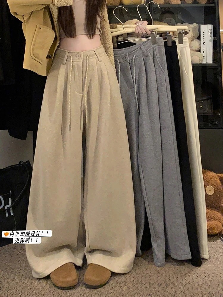 【迅速出荷】厚手パンツロング丈ストレートハイウエストゆったり かわいい衣装トラック 防寒 脚長美脚細見え春カジュアル黒白系ファッションレディースおしゃれ 2025秋冬 あったか