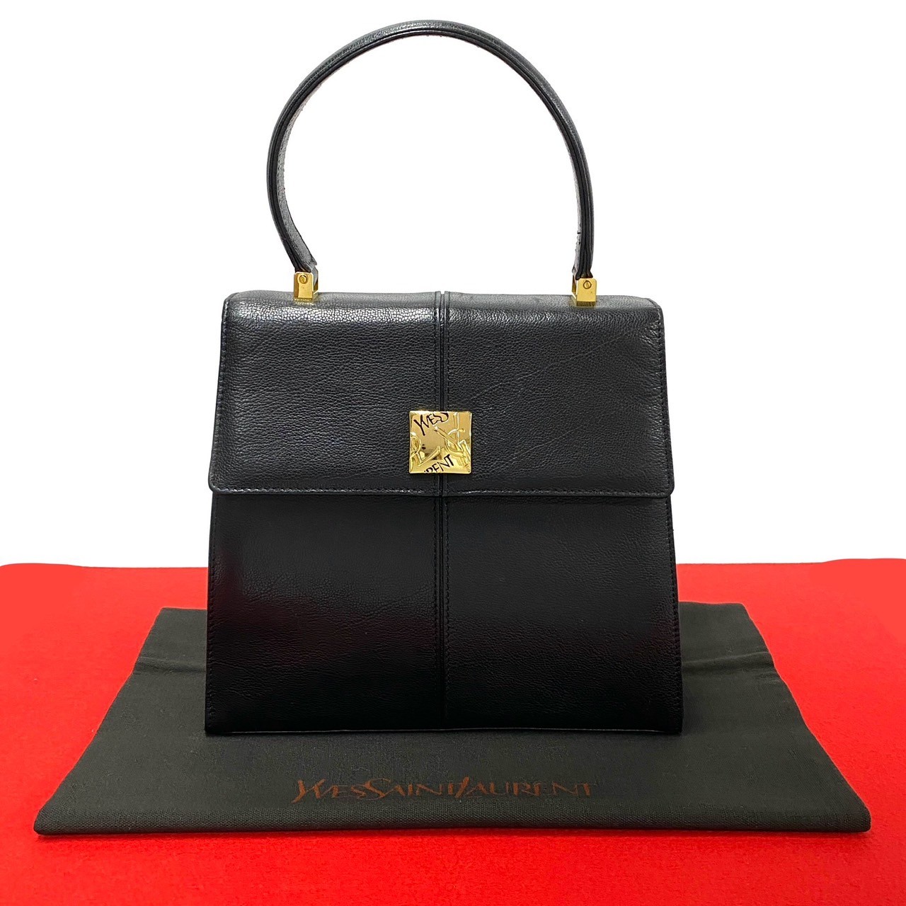 ヴィンテージ YSL ロゴ 金具ハンドバッグ レザー ブラック 35676