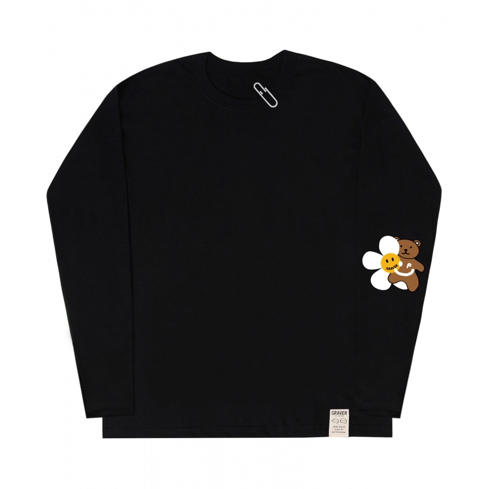 GRAVER [UNISEX]エルボーフラワーベアスマイルロングスリーブTシャツ_ブラック
