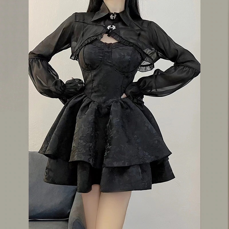 ゴスロリ ワンピース ロリータワンピース 黒色 ミニ丈 カップ付きキャミソールワンピース+肩掛トップス パンク系ファッション ドレス ハロウィン コスプレ コスチューム jsk