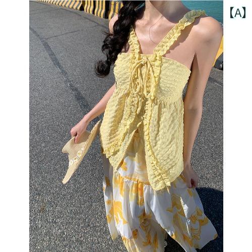 レディース リゾート ファッション 女性用 旅行向け スタイル フリル トップ ワイド スカート タイ ビーチ スカート サスペンダー