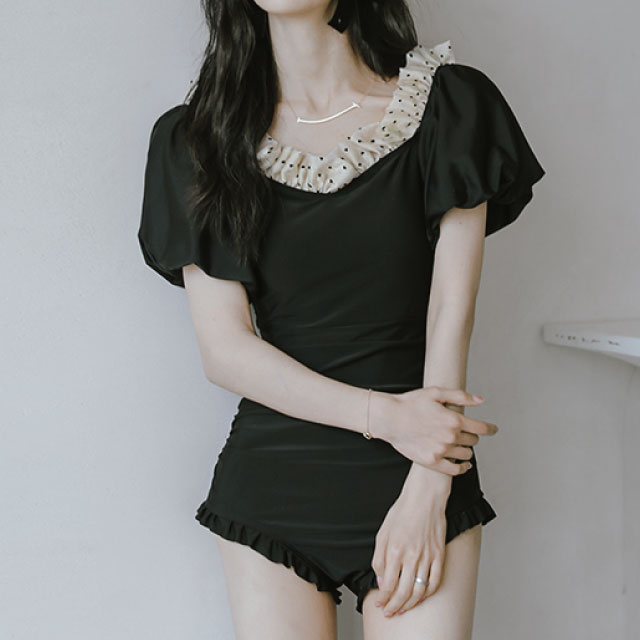 半袖 水玉フリル ワンピース水着 パフスリーブ ボディスーツ