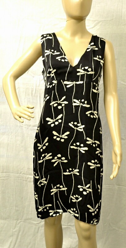 レディース ワンピース ノースリーブ 膝丈 トンボ柄 ココマーク シルク100% 黒 ブラック #40 P10403V0640