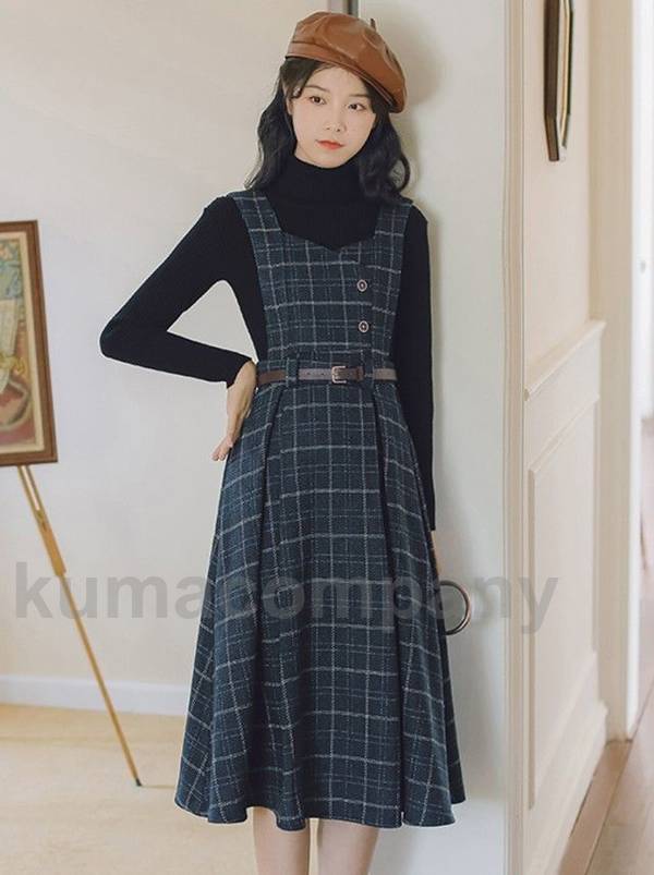 ジャンパースカート レディース ノースリーブ チェック ワンピース フレア ミモレ きれいめ カジュアル おしゃれ 上品 春 秋 冬 春秋 秋冬 レトロ 大人可愛い チェック柄 韓国 ファッション デ