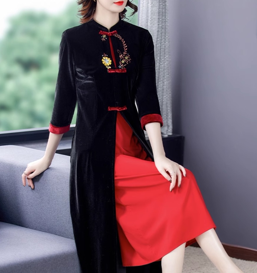 ワンピース デート モテアイテム チャイナドレス ロング丈 刺繍 コットン 大人可愛い きれいめ 上品 おしゃれ かっこいい 大人可愛い ラブリー キュート ガーリー クール モード系 セクシー