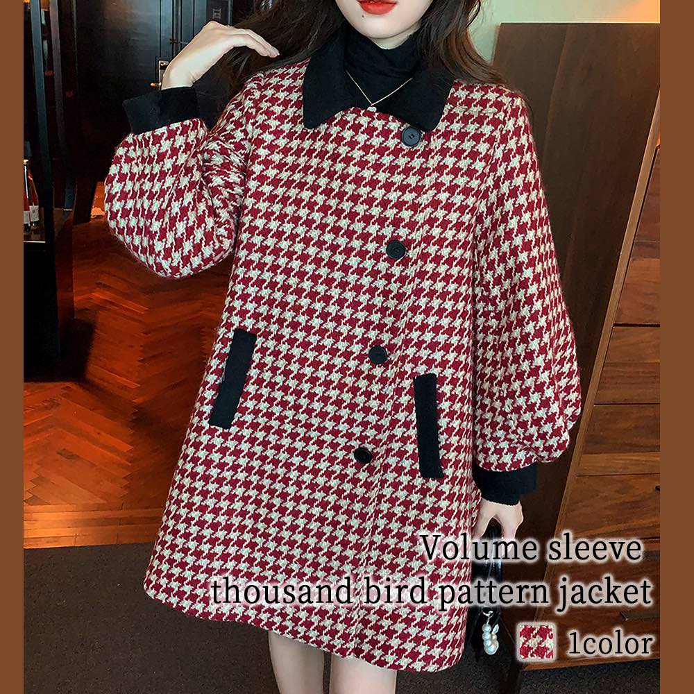 ステンカラーコート レディース ボリューム袖千鳥柄ジャケット スタンドカラーコート 厚手 春 コート 人気 アウター トレーナー ピーコート 大きいサイズ チェスターコート コーデ 冬 トレンチコート
