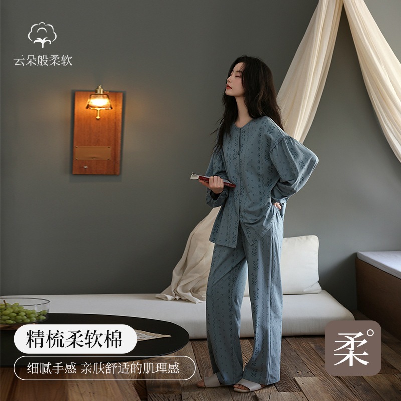 [ソフトピュアコットン] 女性用新作花柄パジャマ長袖森ガールレトロスタイル春秋ホームウェアセットオールコットン