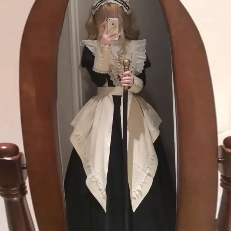 ダークテーマのロリータ女性用ツーピースセット春と秋パフスリーブワンピースメイドサロペットエプロン 6,056円