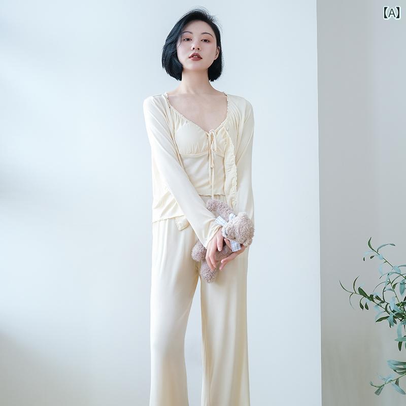パジャマ ナイトウェア 3点セット 胸パッド付き 長袖 薄手 春秋 レディース Vネック ホームウェア セクシー 女性