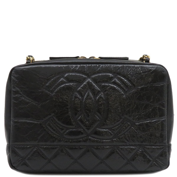 シャネル CHANEL 2WAYバッグ ココマーク Wチェーン シャイニーエイジドカーフスキン ブラック ヴィンテージ金具 黒 ショルダー ゴールド金具 ガンメタル金具 30******【中古】